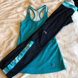 Under Armor turquoise tank and long pants!